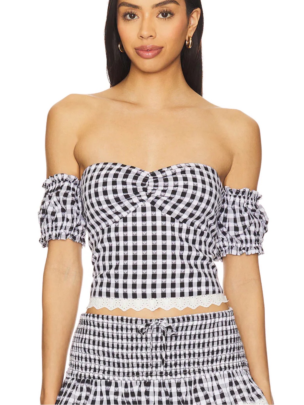 Majorelle Reece Heart Print Gingham Off The Shoulder Cottagecore Crop Top Size L